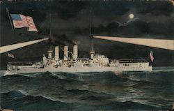 Battleship at Night with an American Flag Postcard