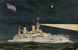 A Battleship at Night with an American Flag Postcard