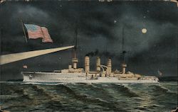A Ship at Night with an American Flag Postcard