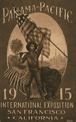 A Boy with a Bear Holding a Flag Postcard