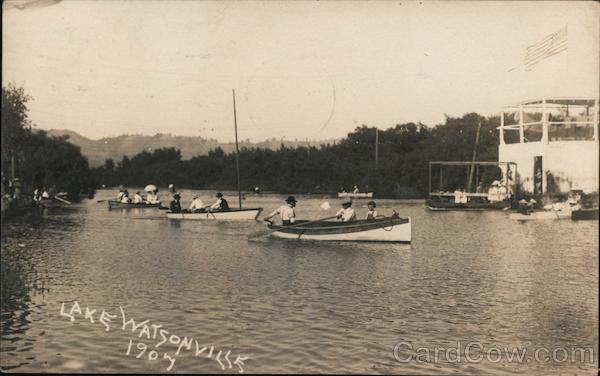 Photo with boats on the water, Lake Watsonville, 1907 California