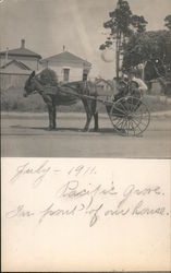 Two Kids in a Small Cart Pulled by a Donkey Postcard