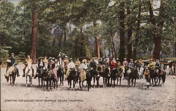 Horseback Riding, Starting for Glacier Point Yosemite Valley California