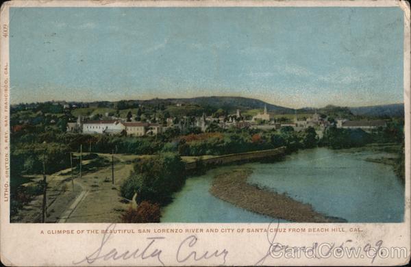 A glimpse of the beautiful San Lorenzo river and City of Santa Cruz from Beach Hill, Cal. California