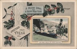 A merry Xmas and a happy new year. Greetings from Yreka Cal. Five engine train in the Siskiyou moutains. Postcard