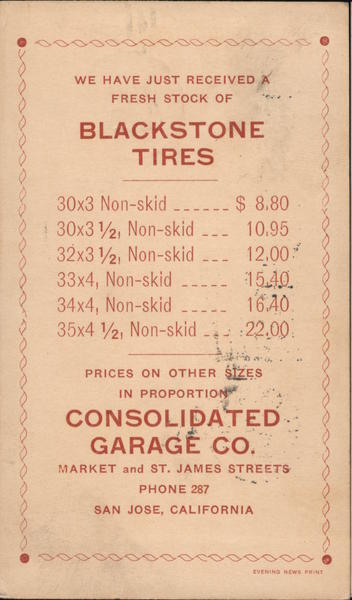 We have just received a fresh stock of Blackstone Tires. Prices on other sizes in proportion. Consolidated Garage Co.