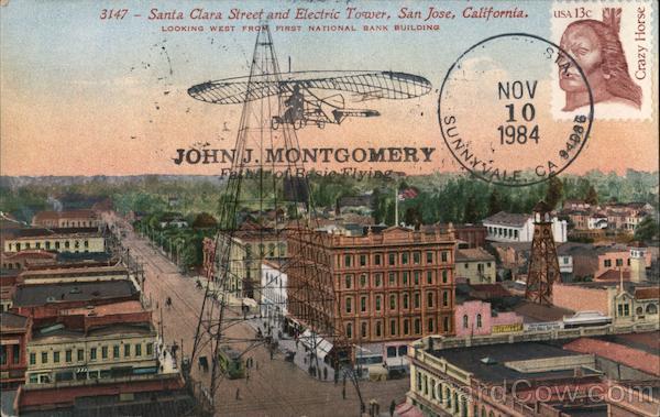 Santa Clara Street and Electric Tower, San Jose, California. Looking West from First National Bank Building