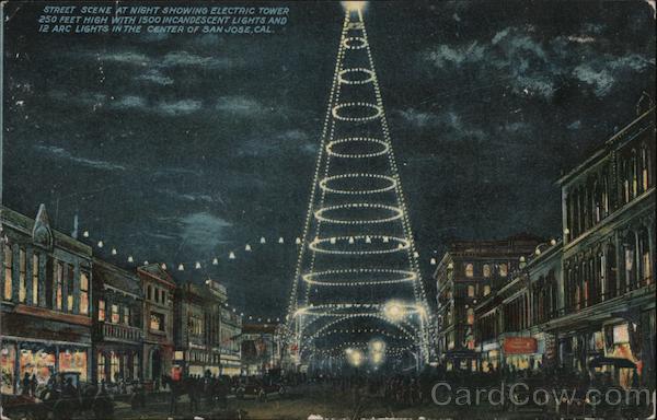 Street scene at night showing Electric Tower. 250 feet high with 1500 incandescent lights and 12 arc lights in the center of San Jose, Cal.