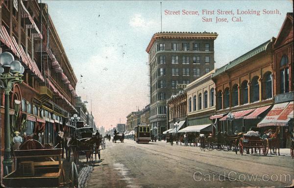Street scene, First Street, looking South, San Jose, Cal. California