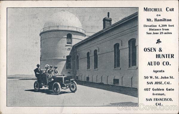 Osen & Hunter Auto Co. Mitchell car on Mt. Hamiton. Elevation 4,209 feet. Distance from San Jose 28 miles