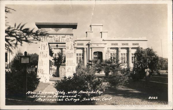 New Science Bldg. with Amenhotep Shrine in foreground. Rosicrucian College San Jose California