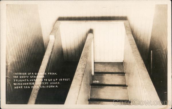 Winchester Mystery House. Near San Jose, California. Interior of a gigantic freak The goofy stairway. 7 flights, 44 steps to go up 10 feet.