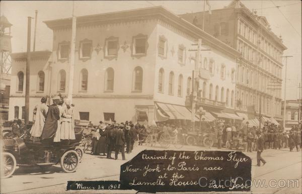 Arrival of the Thomas Flyer New York to Paris race at the Lamolle House. March 24, 1908. San Jose California