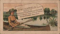 J.W. Canfield. Dealer in picture frames and cards. Three doors west of Post Office. Santa Clara St. San Jose California Trade Ca Trade Card