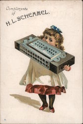 Girl with Huge Harmonica - Compliments of H.L. Schemmel San Jose, CA Trade Card Trade Card Trade Card