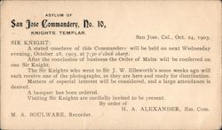 Asylum of San Jose Commandery, No. 10, Knights Templar Postcard