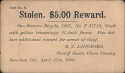 Stole. $5.00 Reward Postcard