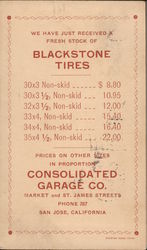 We have just received a fresh stock of Blackstone Tires. Prices on other sizes in proportion. Consolidated Garage Co. Postcard