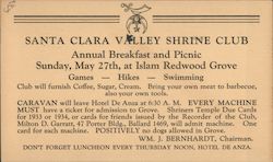 Santa Clara Valley Shrine Club. Annual Breakfast and Picnic. Sunday, May 27th, at Islam Redwood Grove Postcard