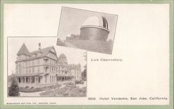 Lick Observatory and Hotel Vendome San Jose, California Postcard