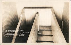 Winchester Mystery House. Near San Jose, California. Interior of a gigantic freak The goofy stairway. 7 flights, 44 steps to go up 10 feet. Postcard