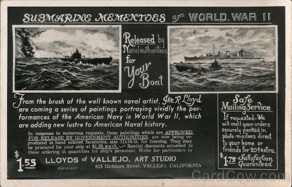 Submarine Mementoes of World War II Lloyds Art Studio Ad Vallejo California