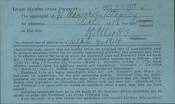 Admission Application to Leland Stanford University, 1917 California Postcard Postcard Postcard