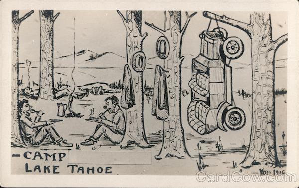 Camp Lake Tahoe Camping Cartoon car hanging in tree California
