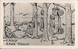 Camp Lake Tahoe Camping Cartoon car hanging in tree Postcard