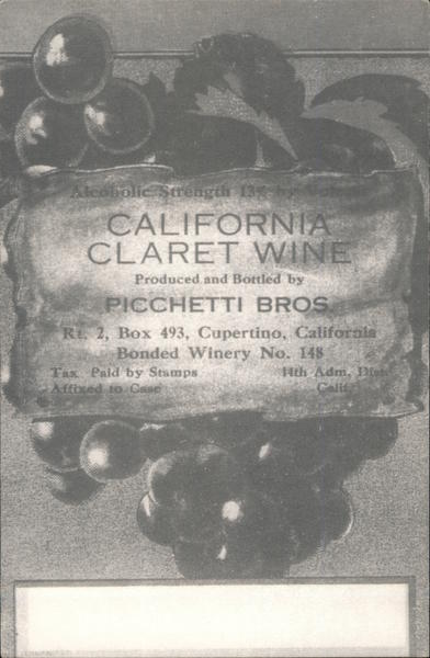 California Claret Wine produced and bottled by Picchetti Bros. Cupertino