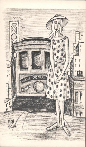 Drawing of Woman in Front of Cable Car San Francisco California