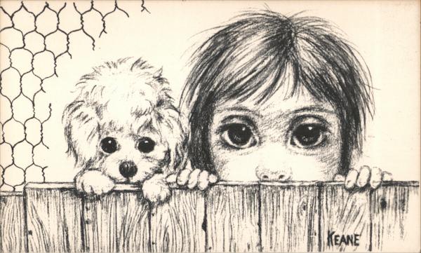 Dog and girl looking over a fence Signed Keane Modern