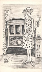 Drawing of Woman in Front of Cable Car Postcard