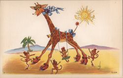 Monkey children playing with a giraffe "Wolo" reproduction Stanford University, CA Postcard Postcard Postcard