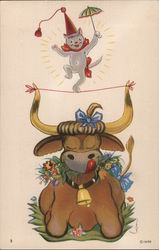 Circus Cat walking tight rope tied to bull's horns "Wolo" Reproduction Postcard