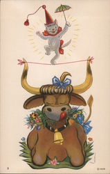 Circus Cat walking tight rope tied to bull's horns "Wolo" Reproduction Stanford University, CA Postcard Postcard Postcard