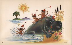 Monkey Children sliding down hippo back into water Stanford, CA Postcard Postcard Postcard