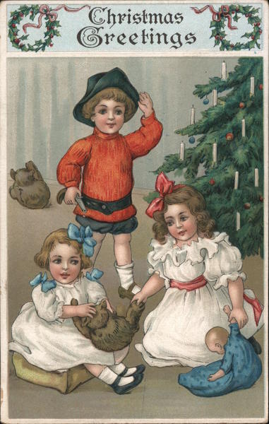 Christmas Greetings/ 3 children posing next to Christmas tree