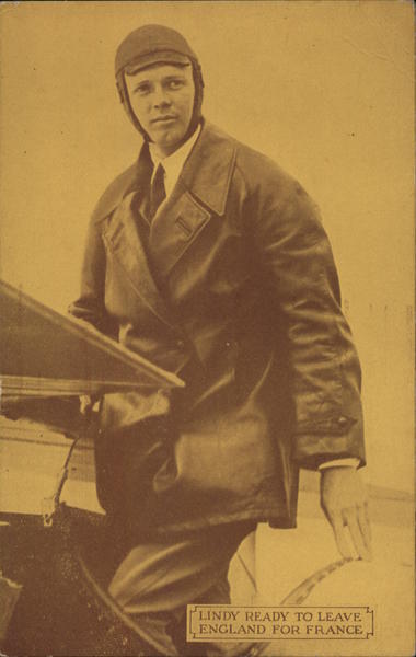 Lindy Ready to Leave England for France Aviators Postcard