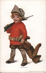 "Delighted" boy with gun holding teddy bear Postcard