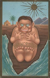 Deeli ghted / a drawing/ naked Roosevelt in glasses smiling with sun in background also smiling Postcard