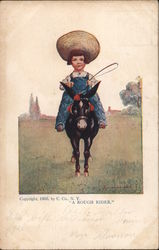 A Rough Rider - drawing of young boy riding a donkey or mule Postcard