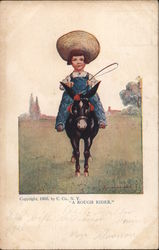 A Rough Rider - drawing of young boy riding a donkey or mule Theodore Roosevelt Postcard Postcard Postcard