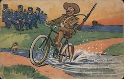 Bwana Tumbo's ride - drawing of Roosevelt riding bike across creek with policemen in background Postcard