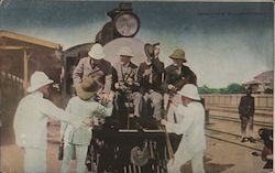 Photo of Roosevelt and two friend on front of train in Africa Postcard
