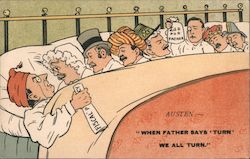 Austen - "When Father says 'turn' we all turn" drawing of 8 men sharing a bed Postcard