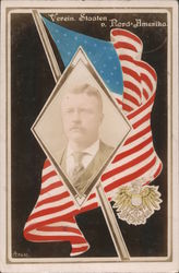 Verein. Staaten a. Nord Amerika /Roosevelt photo in front of American flag Postcard