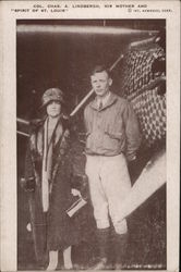 Col. Chas. A. Lindbergh, His Mother and "Spirit of St. Louis" Postcard