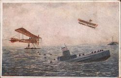 Biplanes saving sailors from sinking submarine Red Cross Postcard