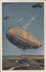 Hans Rudolf Shulze - German Zeppelin flying over countryside two biplanes above Postcard